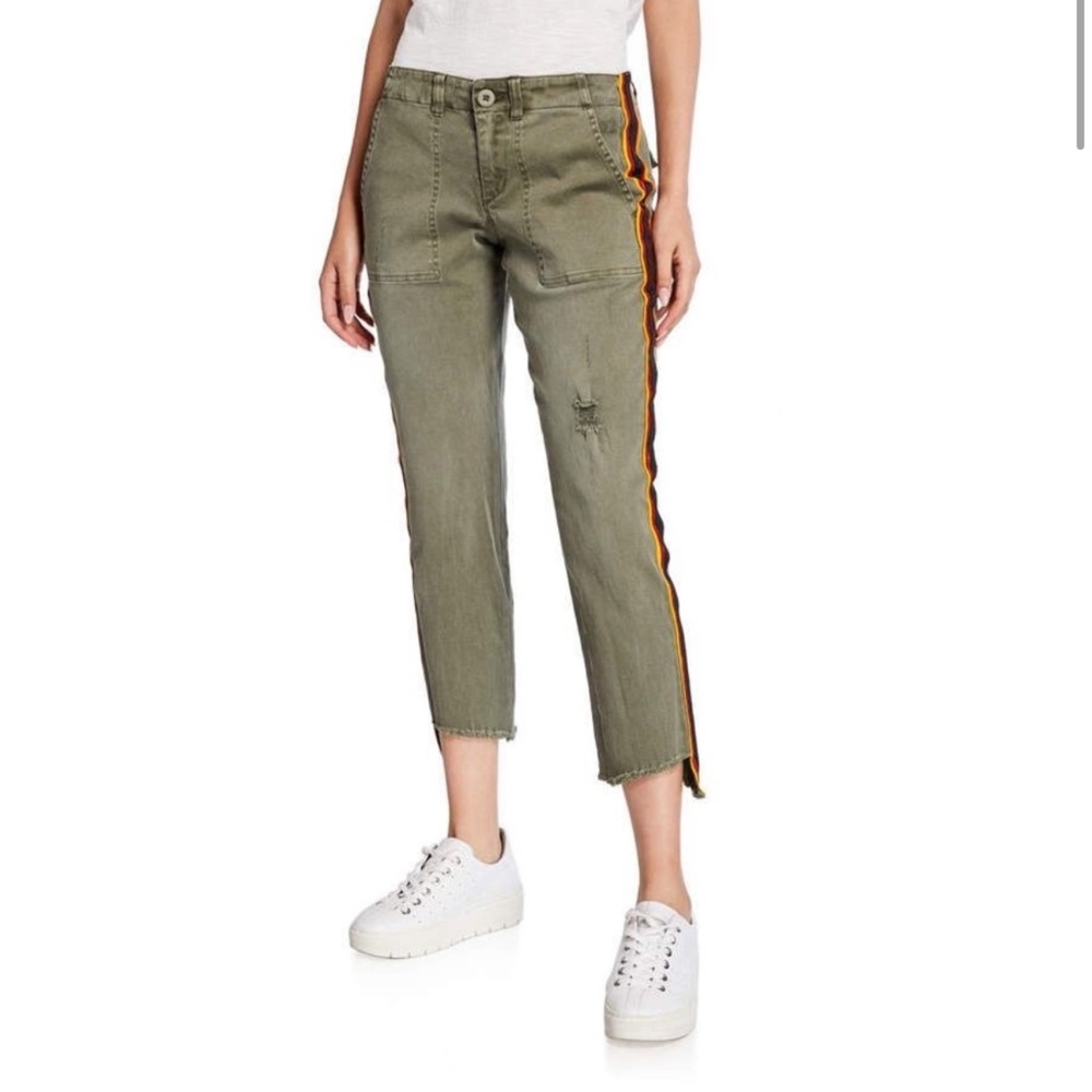 PAM & GELA Olive Green / Army Green Cropped & Distressed Pants with Side Stripe